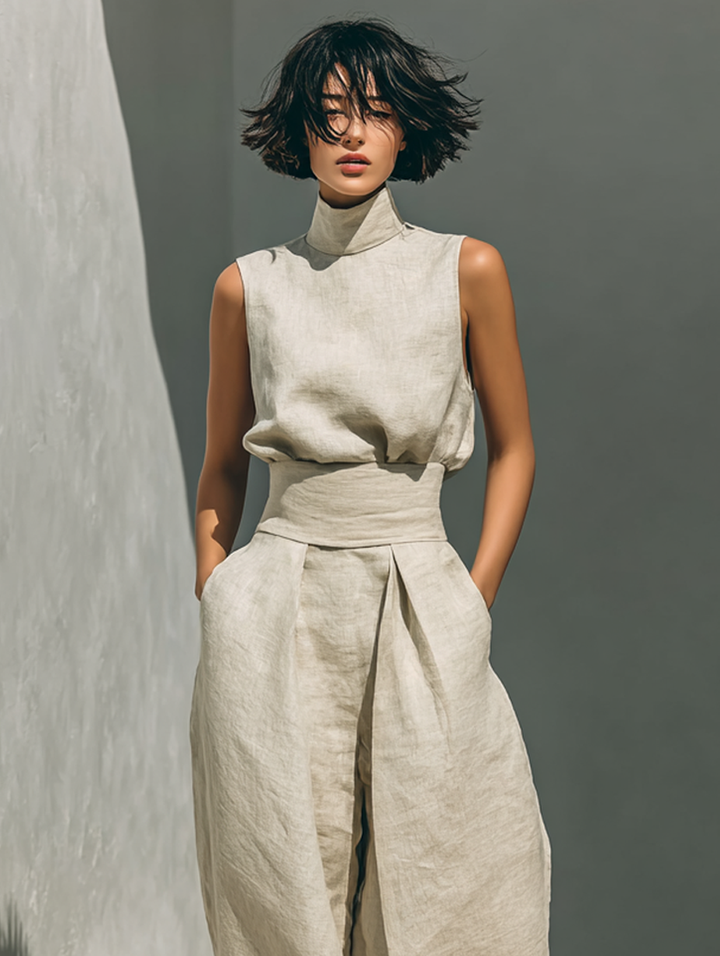 Maria - Conjunto de top y pantalones anchos de algodón y lino minimalista para mujer