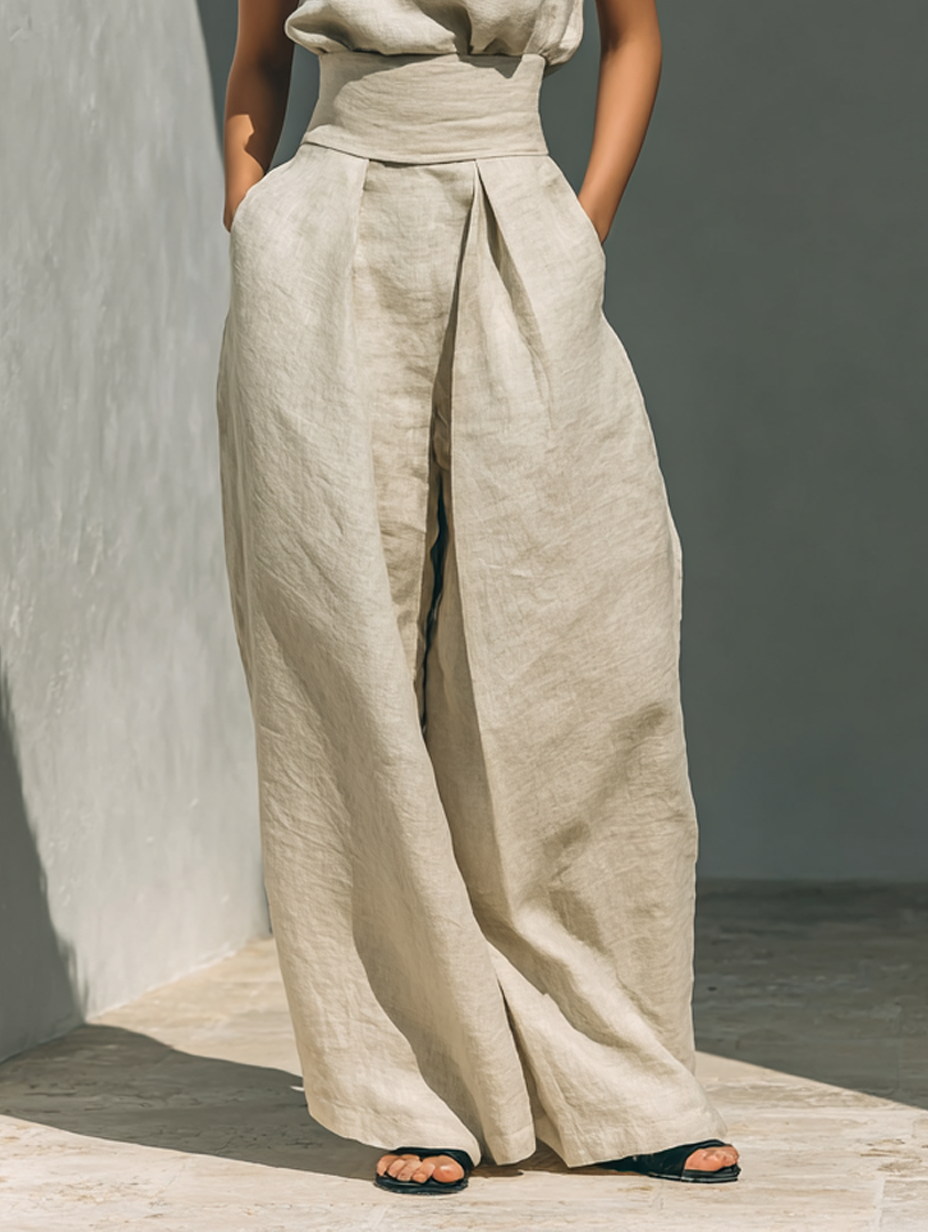 Maria - Conjunto de top y pantalones anchos de algodón y lino minimalista para mujer