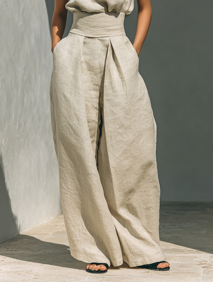 Maria - Conjunto de top y pantalones anchos de algodón y lino minimalista para mujer