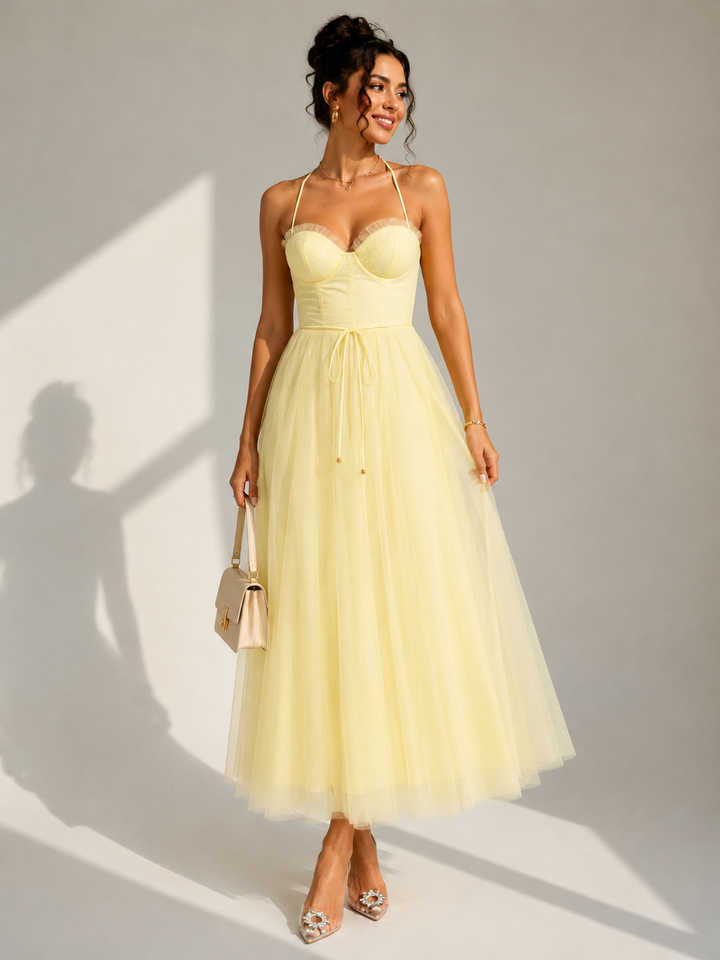 Julia™ | Vestido midi de tul elegante con espalda descubierta y detalle de corsé