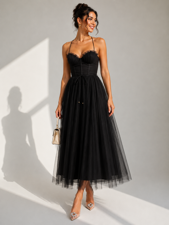 Julia™ | Vestido midi de tul elegante con espalda descubierta y detalle de corsé