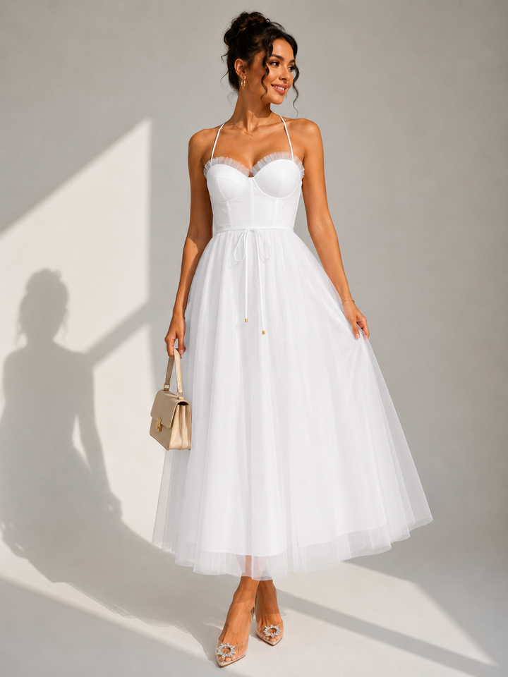 Julia™ | Vestido midi de tul elegante con espalda descubierta y detalle de corsé