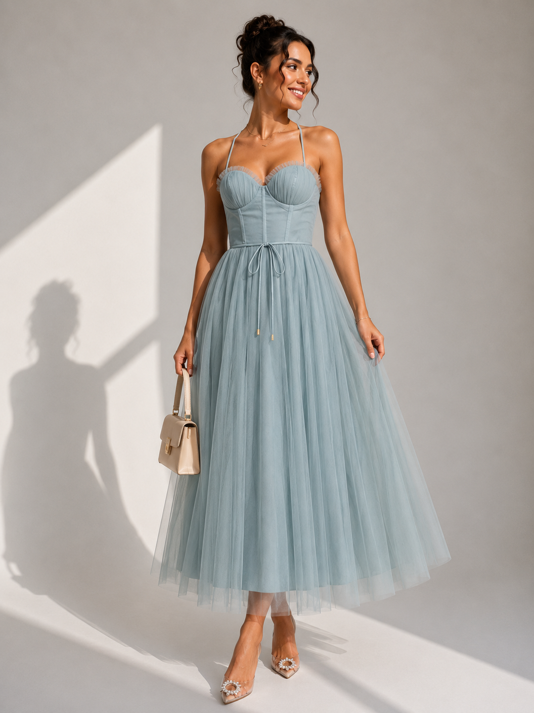 Julia™ | Vestido midi de tul elegante con espalda descubierta y detalle de corsé