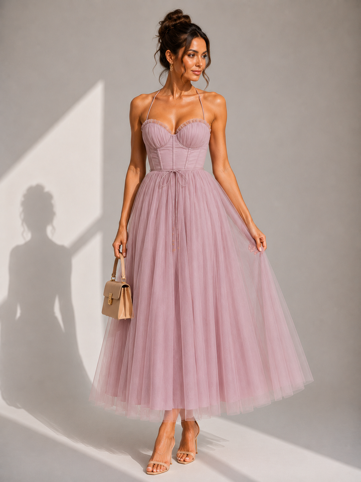 Julia™ | Vestido midi de tul elegante con espalda descubierta y detalle de corsé