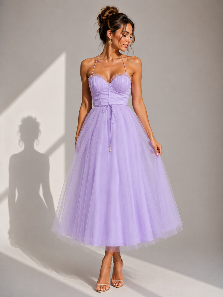 Julia™ | Vestido midi de tul elegante con espalda descubierta y detalle de corsé