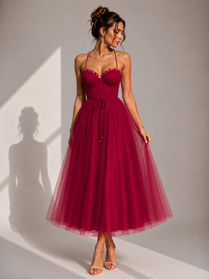 Julia™ | Vestido midi de tul elegante con espalda descubierta y detalle de corsé