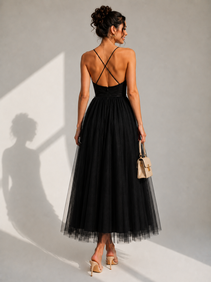 Julia™ | Vestido midi de tul elegante con espalda descubierta y detalle de corsé
