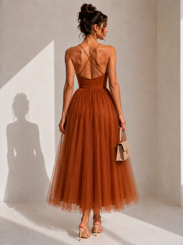 Julia™ | Vestido midi de tul elegante con espalda descubierta y detalle de corsé