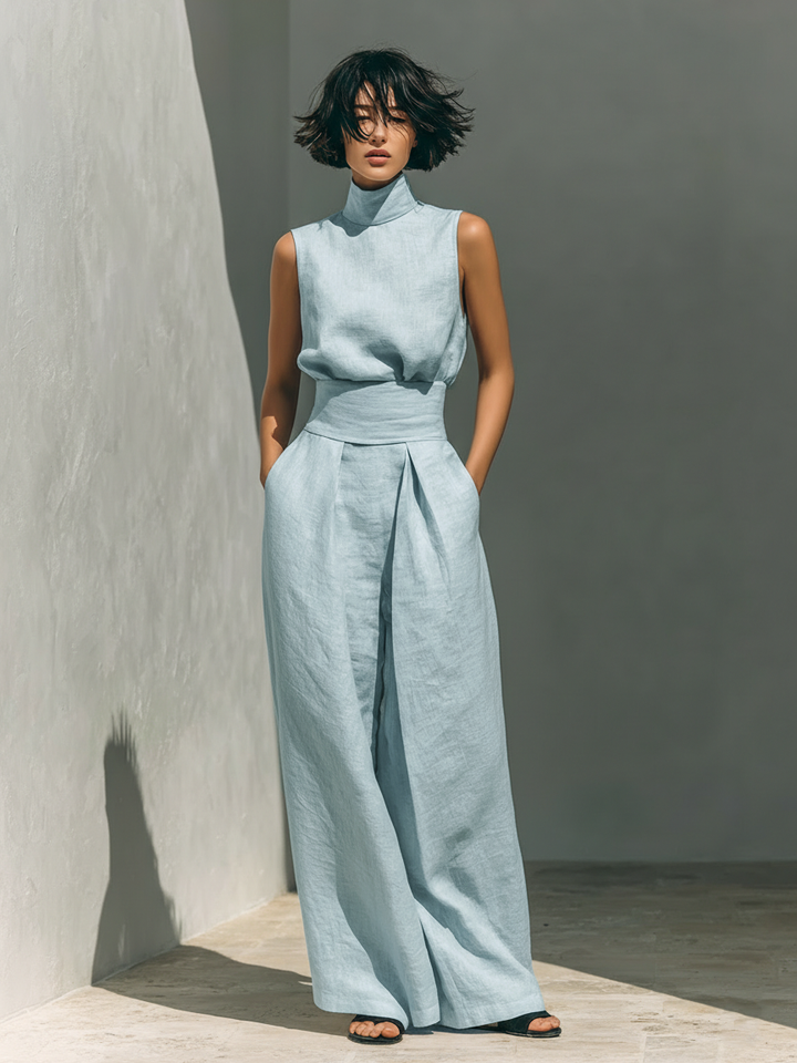 Maria - Conjunto de top y pantalones anchos de algodón y lino minimalista para mujer