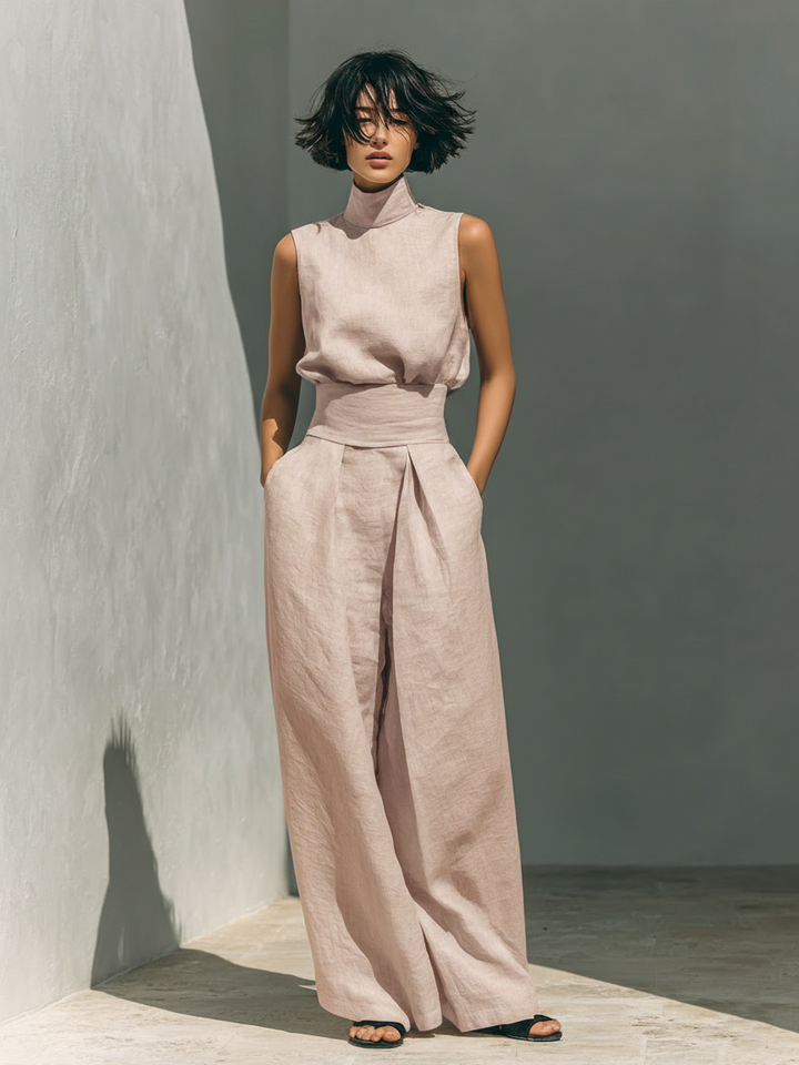 Maria - Conjunto de top y pantalones anchos de algodón y lino minimalista para mujer