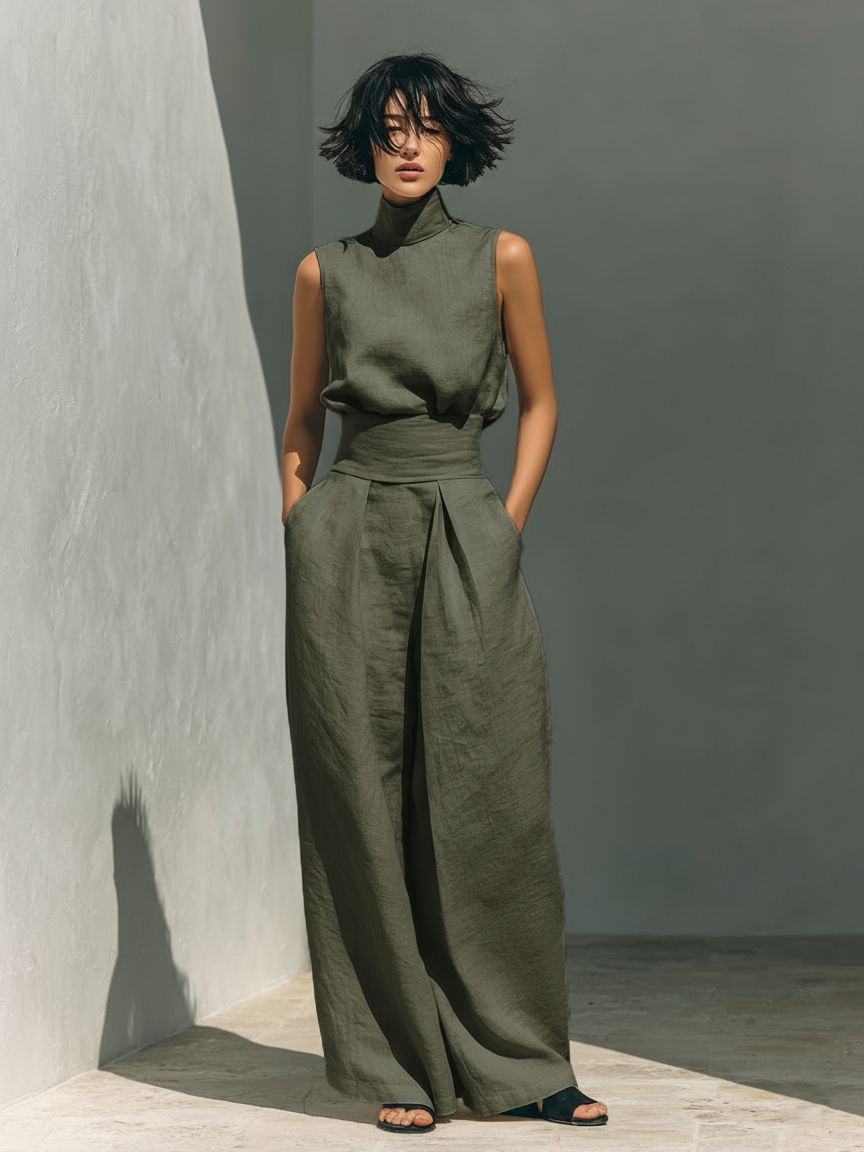 Maria - Conjunto de top y pantalones anchos de algodón y lino minimalista para mujer